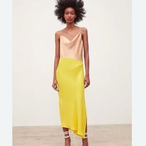 Zara Satin Yellow & Nude Color Block Slip Camisole Midi Dress XS 741